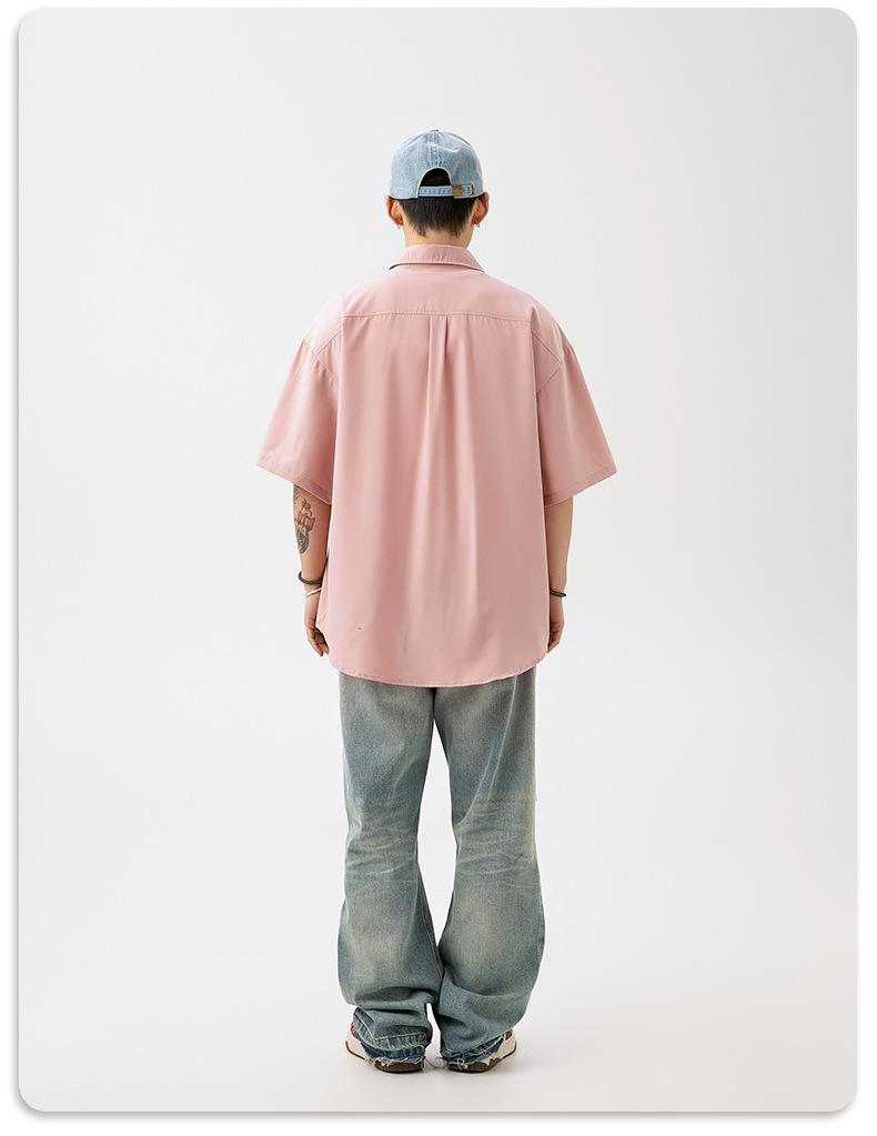Product Introduction of Korean Men's Smooth Draping Short-Sleeved Shirt Men's Summer New Pure Color Couple Casual Loose Shirt Jacket Menswear Top Lingerie Human Oversize Plain Beige Baggy Vintage Tights Collar Collared Tropical 25