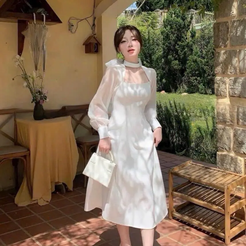 Đầm lụa chéo phối voan tơ cột dây nơ cổ