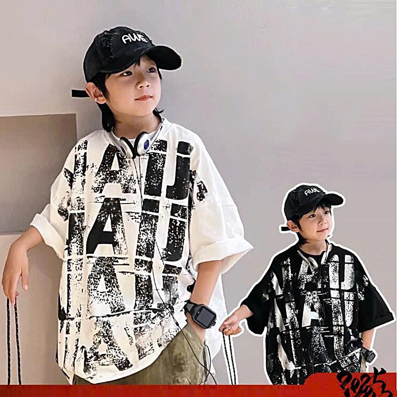  Đồ Bé Tai Style Boy Phố - Áo thun phom rộng chữ A Trẻ Em MOONBE Cotton Co Giãn 4 Chiều In Tràn Chữ Big Size 60kg áo phông 