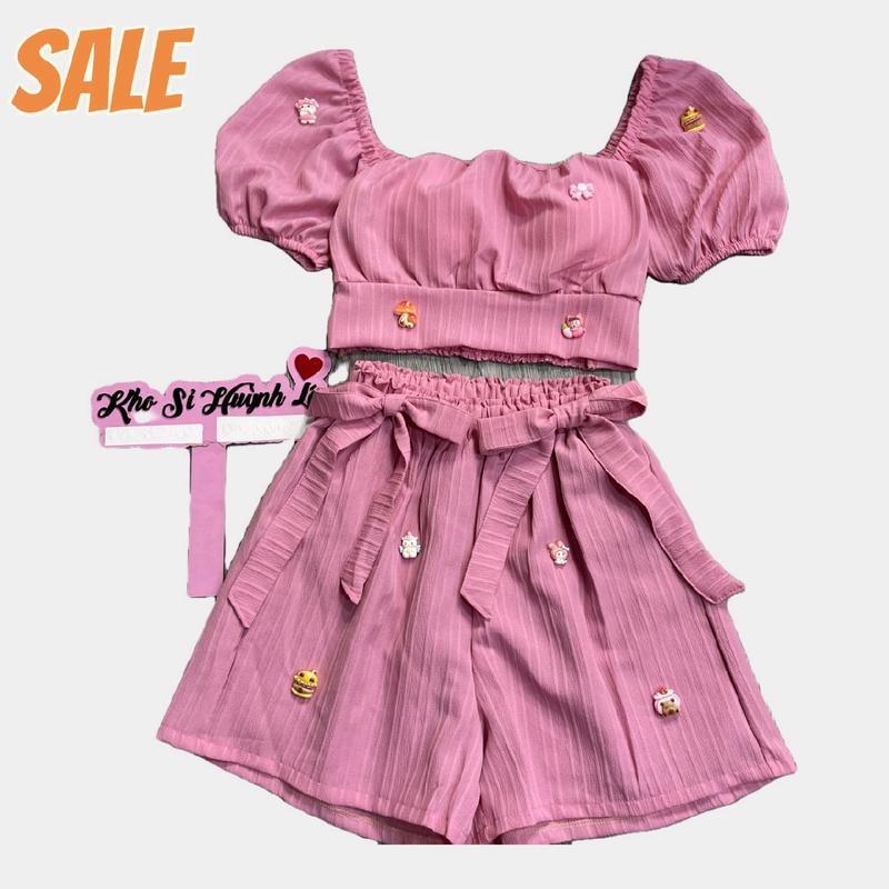 TK.105.1476 set bộ thiết kế quần cột dây nơ áo form croptop tay phồng có mút họa tiết hoạt hình nổi có ảnh chụp thật sản phẩm Nữ Women