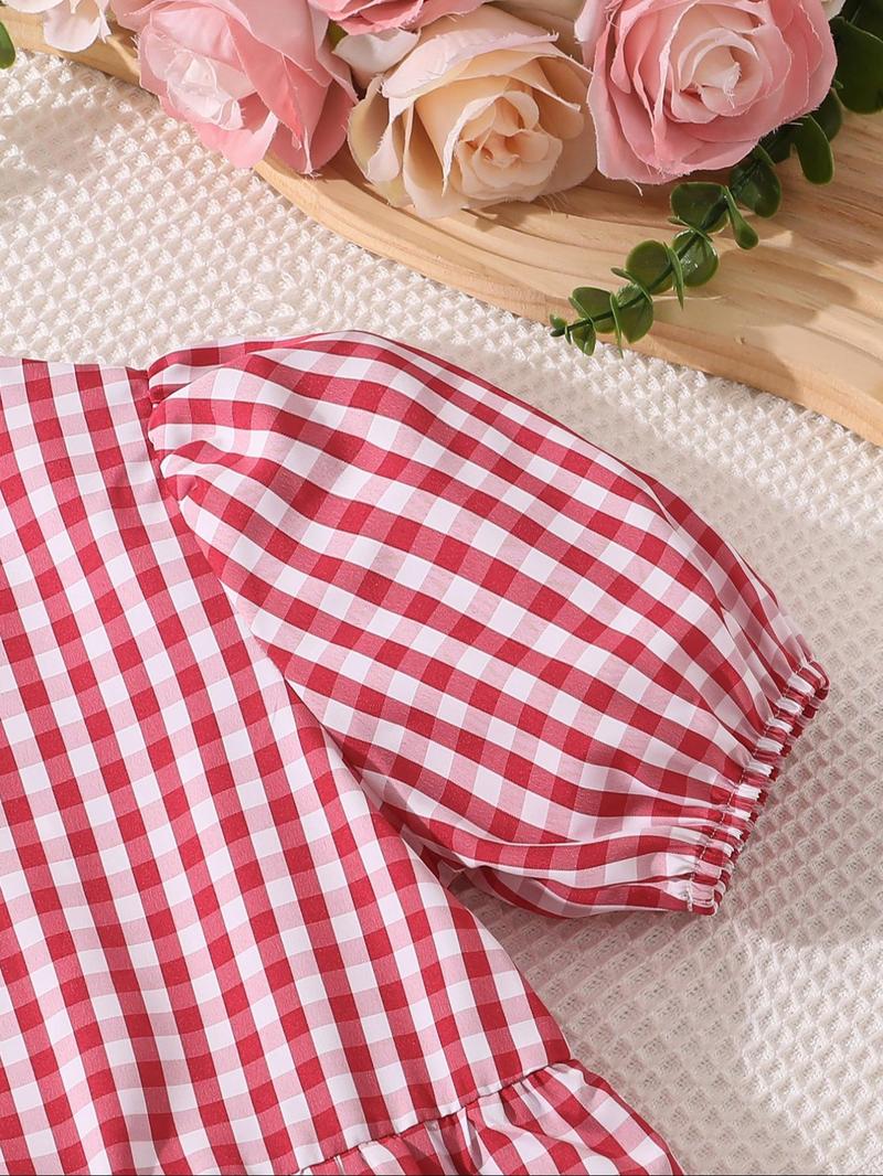 Product Introduction of Girl's Plaid Print Short Sleeve Dress, Casual Round Neck Dress for Summer, Kids Clothes for Daily Wear 4