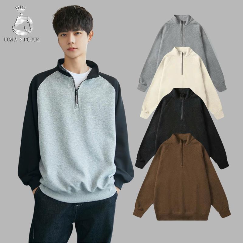 Áo Khoác Nỉ Nhung Tăm Sweater - Cổ Cao Dáng Rộng Có Khóa Kéo - Thời trang Hàn Quốc Nam - POLOUMAOR Tay Dài Menswear Đen Dài Tay Hoodie Có Túi
