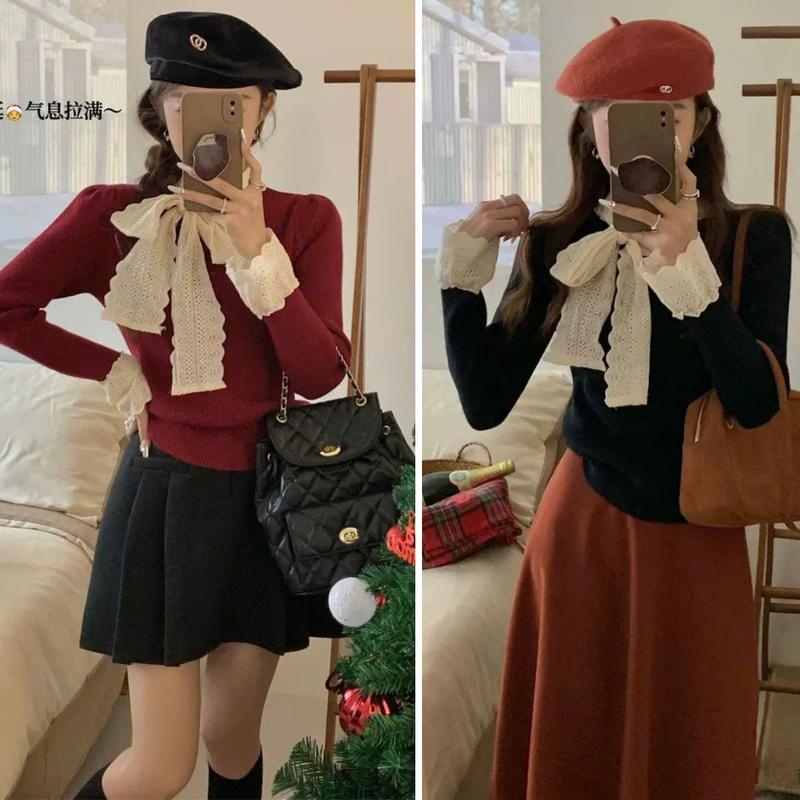  Áo thun dài tay dành cho nữ phối ren cổ tạo thắt nơ thanh lịch độc đáo A105 phong cách Hàn quốc hàng có sẵn tại Cherry House Voi Jean Nhung Top Women Voan Đen Sơ Mi 