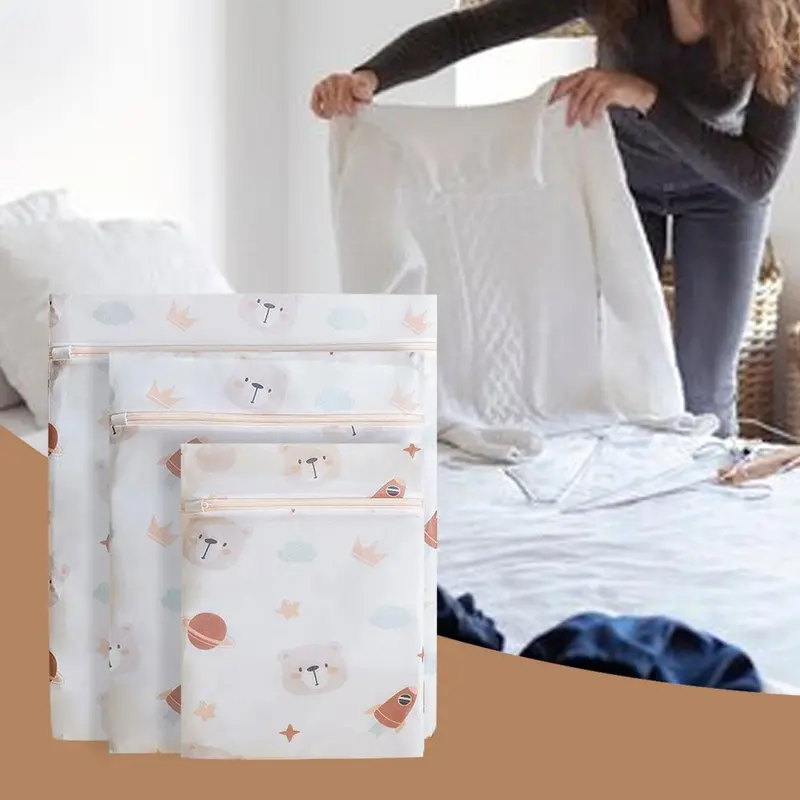Mixed Size Mesh Laundry Bag, 3 Counts/set Cute Bear Pattern Washing Bag, Laundry Tools & Accessories for Home & Travel 4