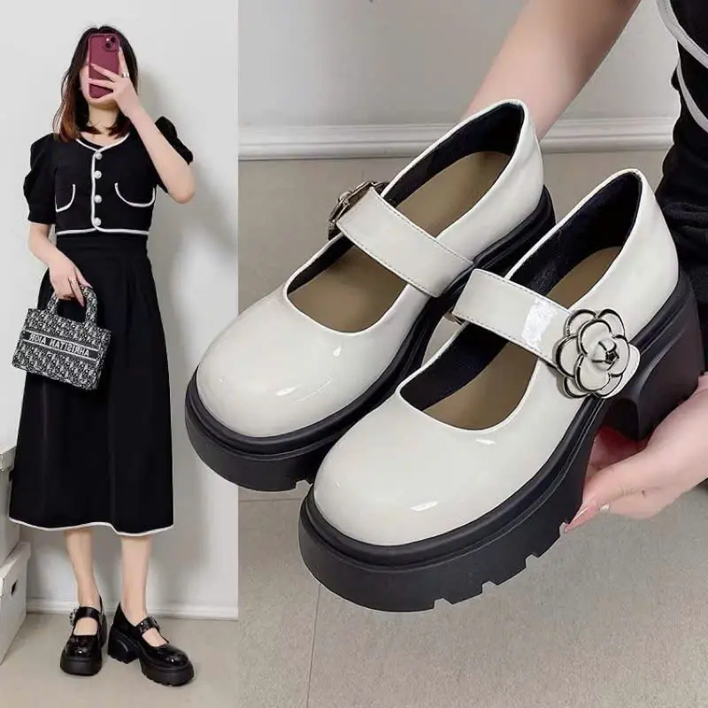 giày búp bê lobita nữ 5cm cài hoa trà chất da mềm Mũi tròn Shoes Giày Bệt 3