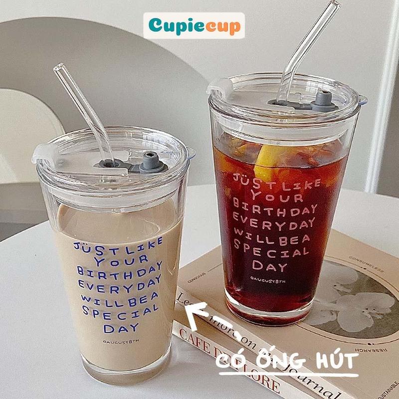  Cốc Thủy Tinh Có Nắp Và Ống Hút Uống Nước  Phong Cách Hàn Quốc BTT012 