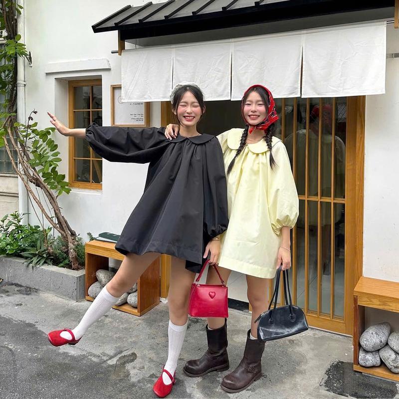 Váy babydoll cổ sen tay phồng tặng kèm quần bảo hộ Vintagevibes.