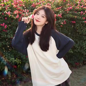 American Style Raglan Sleeve Color Block Long Sleeve T-Shirt Women's Basic Layering Shirt Suitable for Spring, Autumn and Winter Loose Fit Fashion Solid Color Top