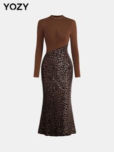 YOZY Women's Patchwork Sequins Evening Dress, Elegant Mock Neck Long Sleeve Dress for Party & Banquet, Women's Clothing for Spring & Fall