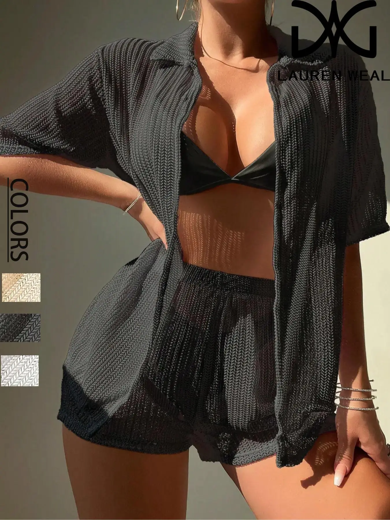 Women's Solid Hollow Out Cover Up Top & Shorts Set, Casual Fashion Two-piece Outfits for Beach Vacation, Ladies Clothes for All Seasons
