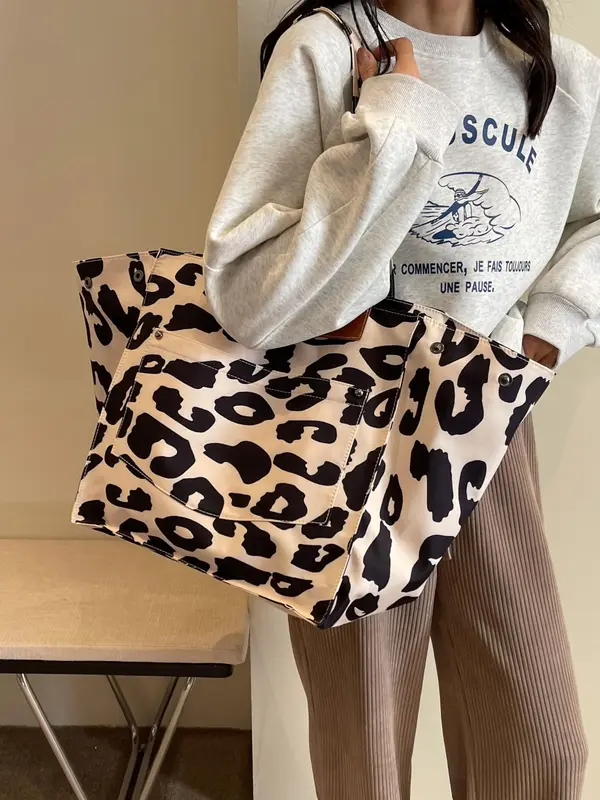 Fashion Leopard Pattern Tote Bag, Large Capacity Shoulder Bag for Women, Casual Trendy Versatile High-quality Daily Commuting Bag, Girl Fashionable Bag 4
