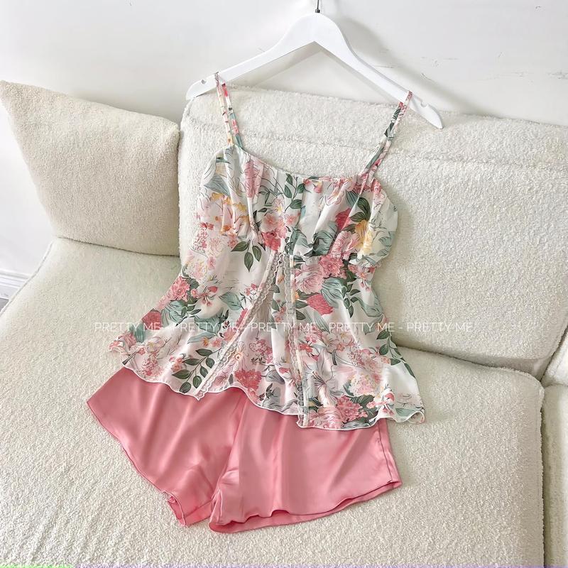 Lavie set - bộ mặc nhà, bộ ngủ hai dây xẻ tà chất voan kết hợp quần lụa satin