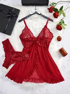 Conjunto de camisón y bragas delanteras con volantes de encaje en contraste para mujer, conjunto de camisón y braguita sin espalda con tirantes finos ajustables, ropa de verano para mujer