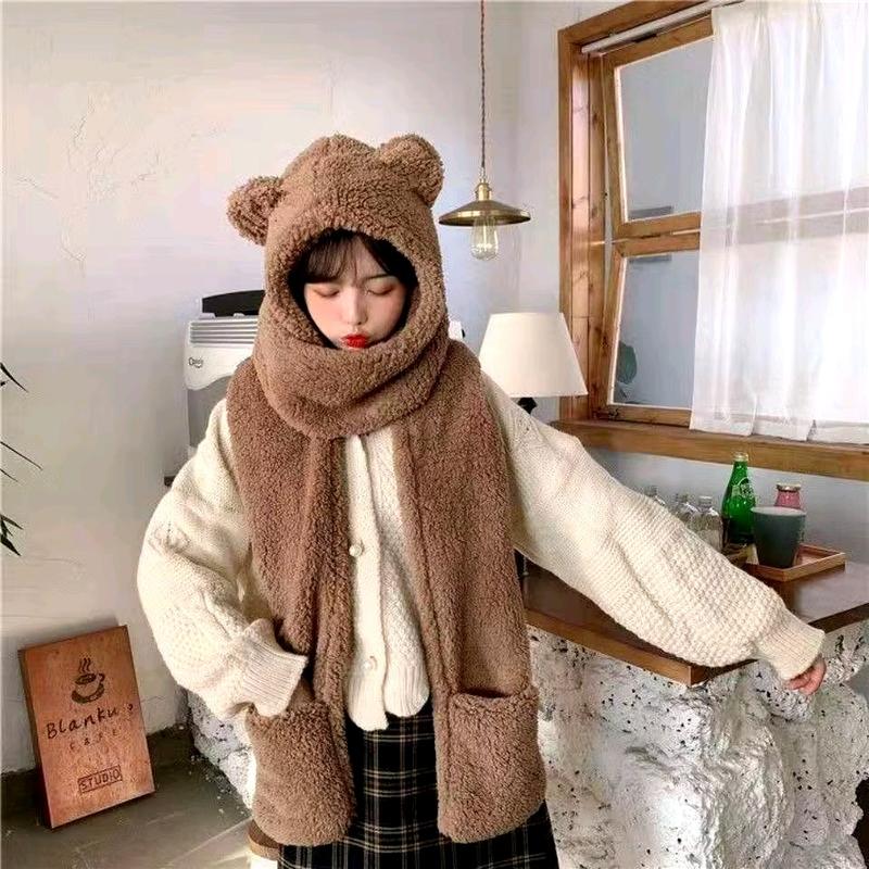 Mũ nón lông tai gấu kèm khăn quàng cổ bao tay 3 trong 1 ấm áp phong cách thời trang Hàn Quốc 1
