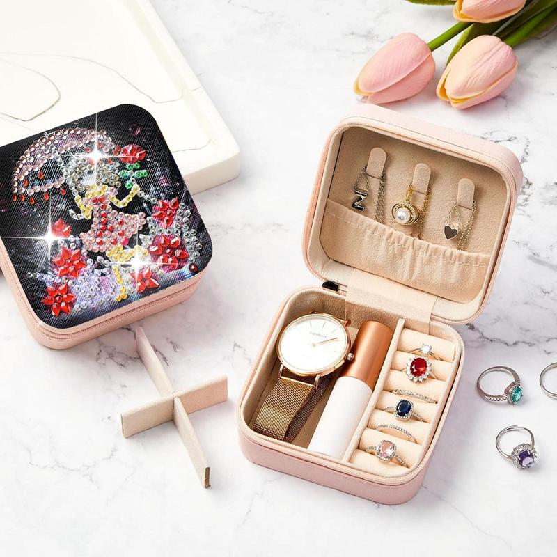Product Introduction of Cartoon Pattern DIY Diamond Arts Colorful Painting Storage Box, Portable PU Leather Jewelry Box, Ring Necklace Bracelet Storage Box 2