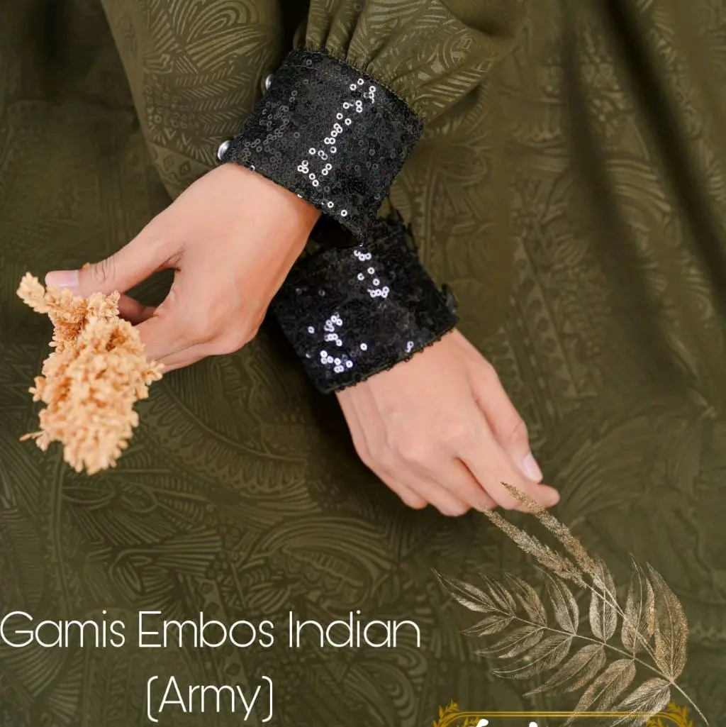(Hermosa)Gamis Embos Indian Hermosa Warna Army/gamis lebaran army/gamis embos army/gamis hermosa army-Pakaian wanita muslimah warna army model manset squin payet hitam umbrella 4 meter bisa cod-gamis muslimah