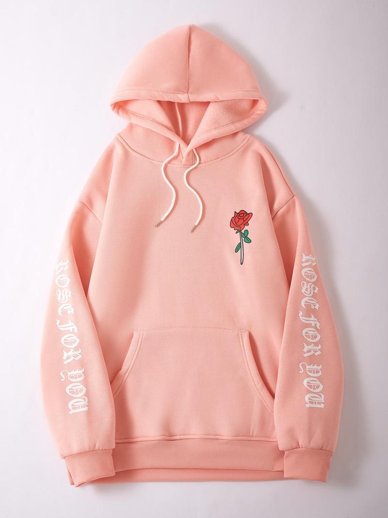 Product Introduction of Unisex Men's Rose & Letter Print Drawstring Hoodie, Casual Pocket Long Sleeve Hooded Sweatshirt, Men's Tops for Fall & Winter, Stylish Hoodies Valentine's Day, gift 5