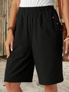 【Plus Size】 Solid Color Button Decor Pocket Wide Leg Shorts, Casual Comfy Straight Leg Shorts for Summer, Women's Bottoms for Daily Wear