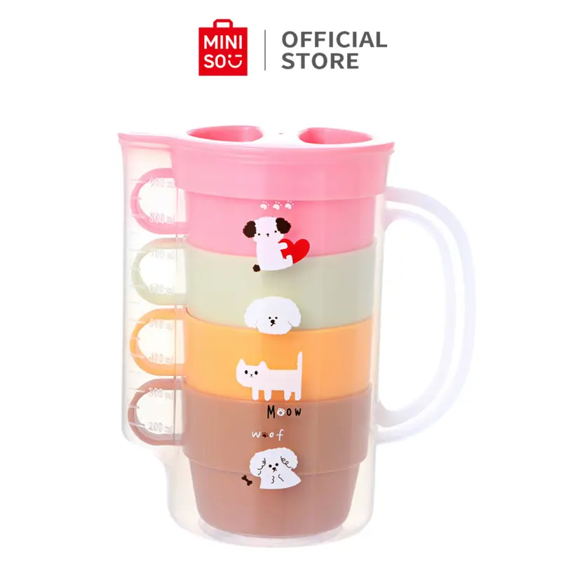 MINISO 1000ml  Pitcher Set 5 in 1 Pitcher Plastik 1L +  4 Cangkir Teko Pitcher Jus Teh Kopi Air Minum Jug Set Teapot Set Teko Gelas Ketel Air Minum Cerek Air 0