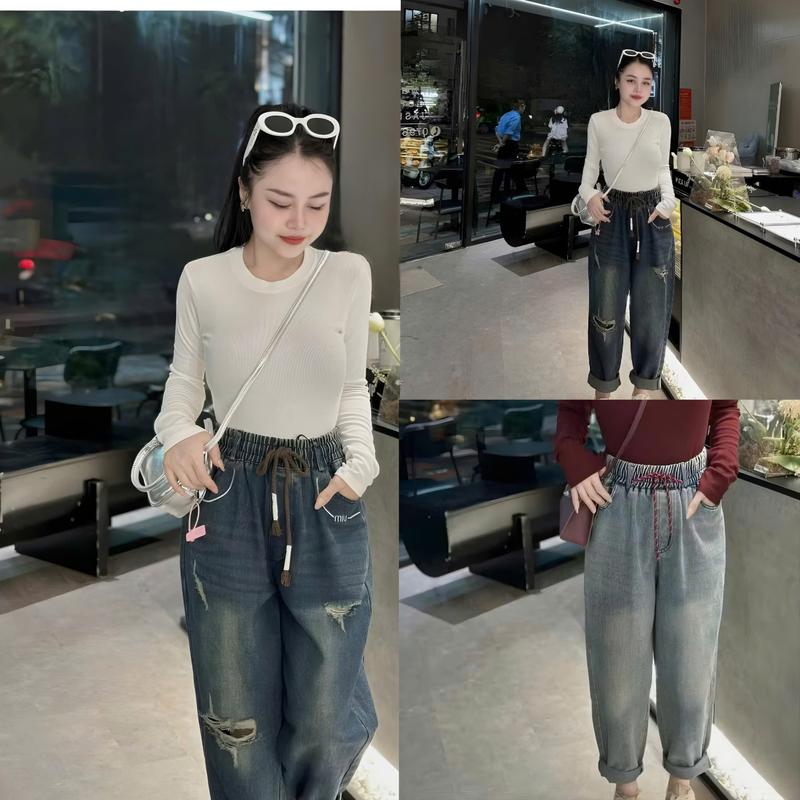 Quần Jean Nữ Lưng Chun Baggy Xước Cá Tính Dáng Bom Chất Đẹp , Quần Jean Bò Dáng Baggy Xước Gối Cá Tính- 002 Pants Women
