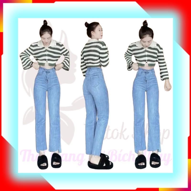 Quần jean nữ ống loe quần ống loe nữ rách đùi gấu kiểu lưng cao chất vải dày dặn co giãn