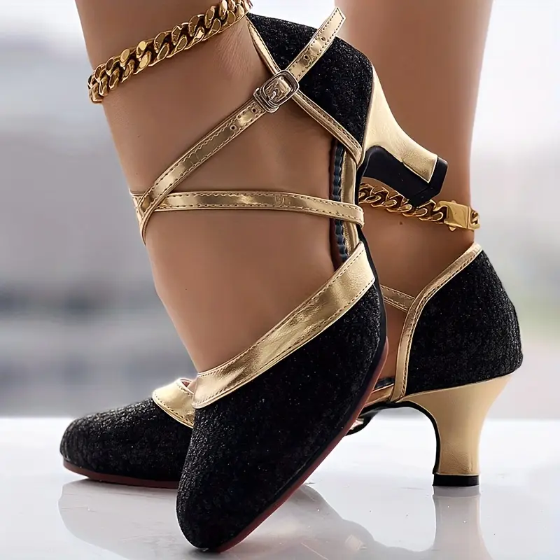 Women's Glitter D'Orsay Latin Dance Shoes, Crisscross Buckle Strap Chunky Mid Heels, All-Match Dress Dance Pumps 8