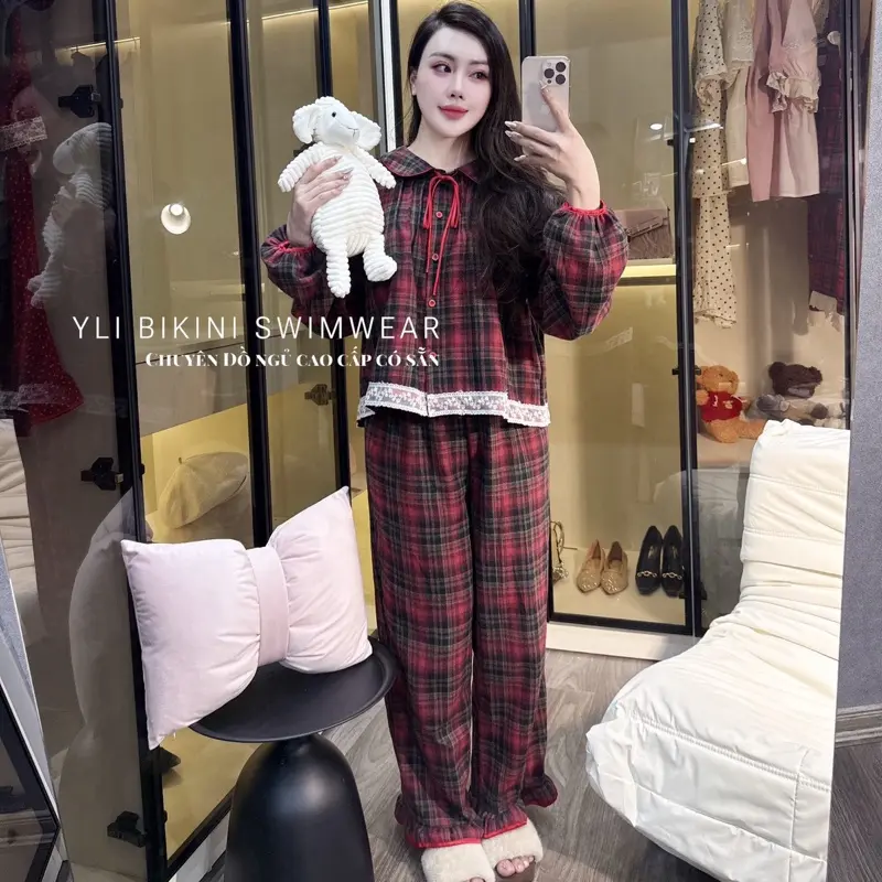 [ YLI BIKINI SWIMWEAR ] Bộ đũi dài dài dạ kẻ đỏ cổ sen QC cao cấp