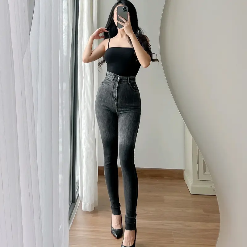 Q345 (40kg-53kg) Quần Jeans Nữ Dáng Ôm Có Giãn From Eo Nhỏ Lưng Cao Qua Rốn ( Jeans Ôm Xịt Loang 2 Màu Trơn - Rách ) Lai Cắt , Chiều Dài Quần (97cm-99cm) Women Pants 0
