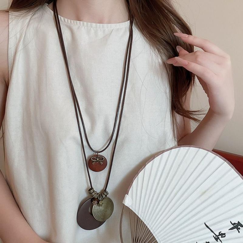 Vòng Cổ Phong Cách Dân Tộc, Tua Rua Cổ Điển, Thiết Kế Gỗ Họa Tiết Phong Cách Bohemian, Choker, Thiết Kế Lá, Làm Bằng Dây Thừng Pu, Dây Chuyền Áo Len Dài, Thích Hợp Cho Bữa Tiệc 4