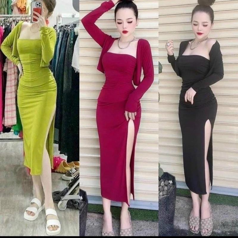 ĐẦM BODY HAI DÂY XẺ TÀ KÈM ÁO KHOÁC NGOÀI TAY DÀI SEXY Kem Nữ bp3