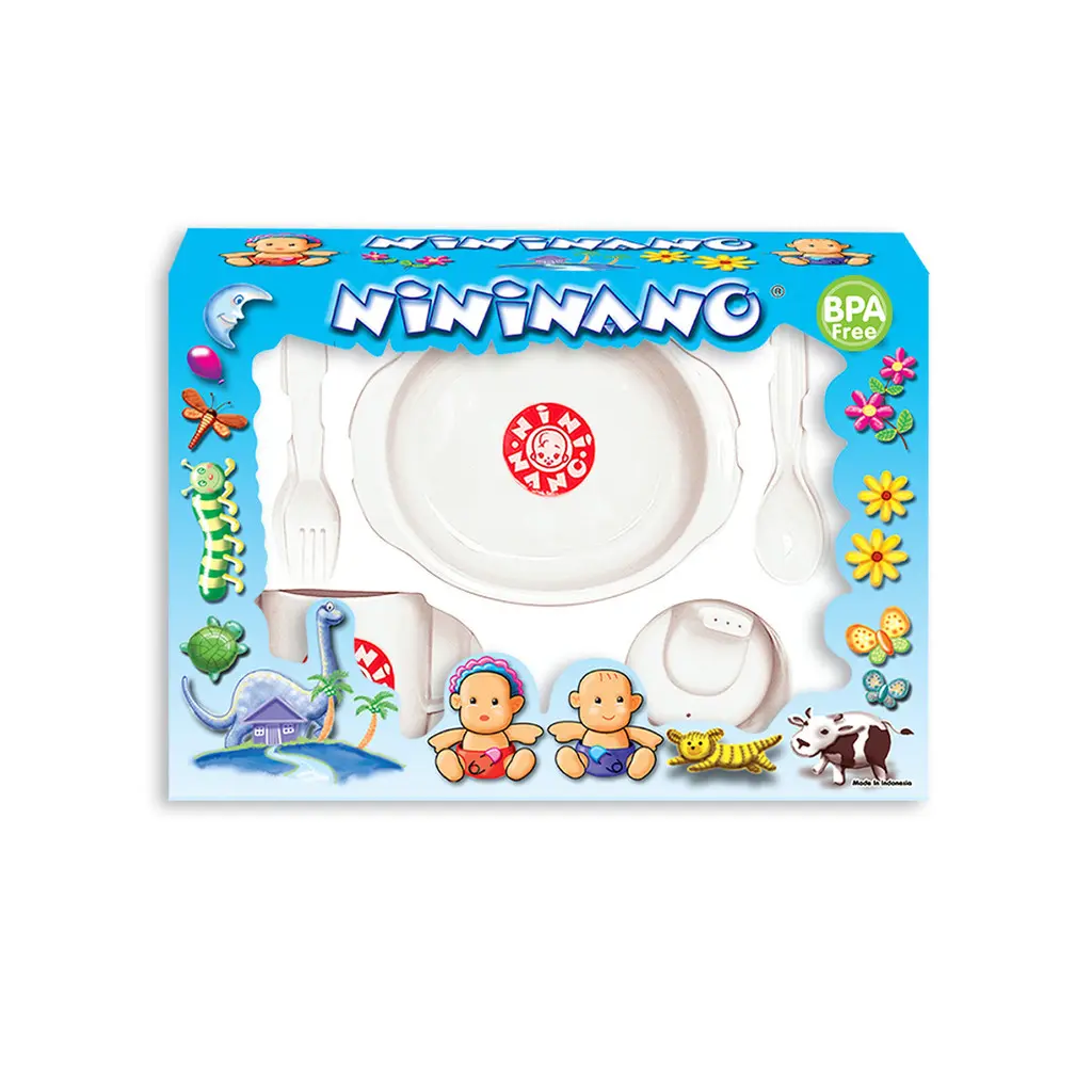 NiniNano 5in1 Feeding Baby Gift Set NN8001 NN8003 BPA Free Perlengkapan Makan Tebal Good Grade Silicone Putih Biru Pink Hadiah Bayi Newborn