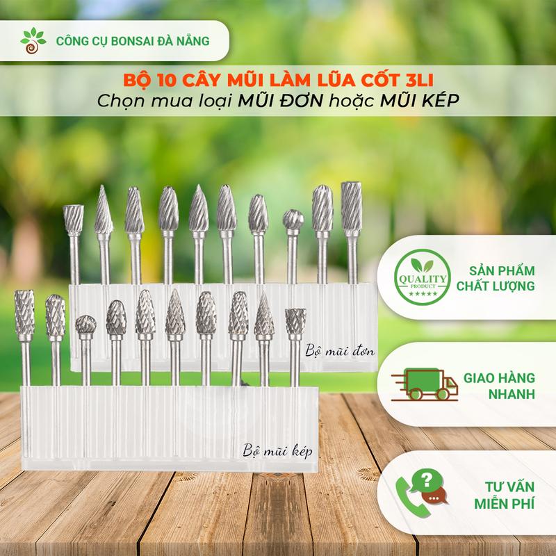 Bộ 10 mũi làm lũa hợp kim dùng làm bonsai, khắc gỗ lũa gắn máy khoan mài mini cốt 3mm [DCK-19] - Công cụ Bonsai Đà Nẵng