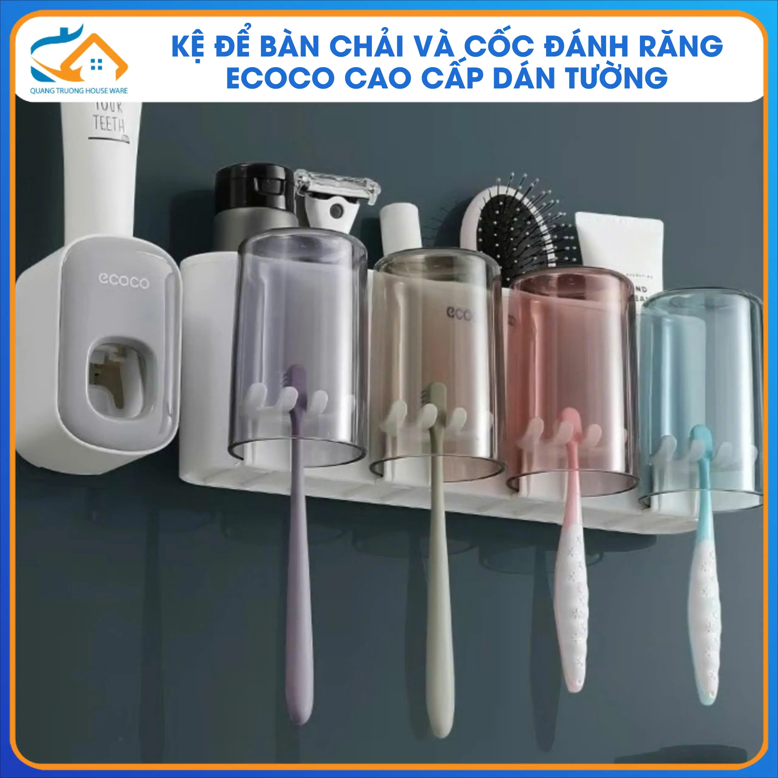 Kệ để bàn chải kèm cốc đánh răng 2 cốc, 3 cốc và 4 cốc cao cấp Đựng Bàn Chải Nhà Tắm, không cần khoan đục