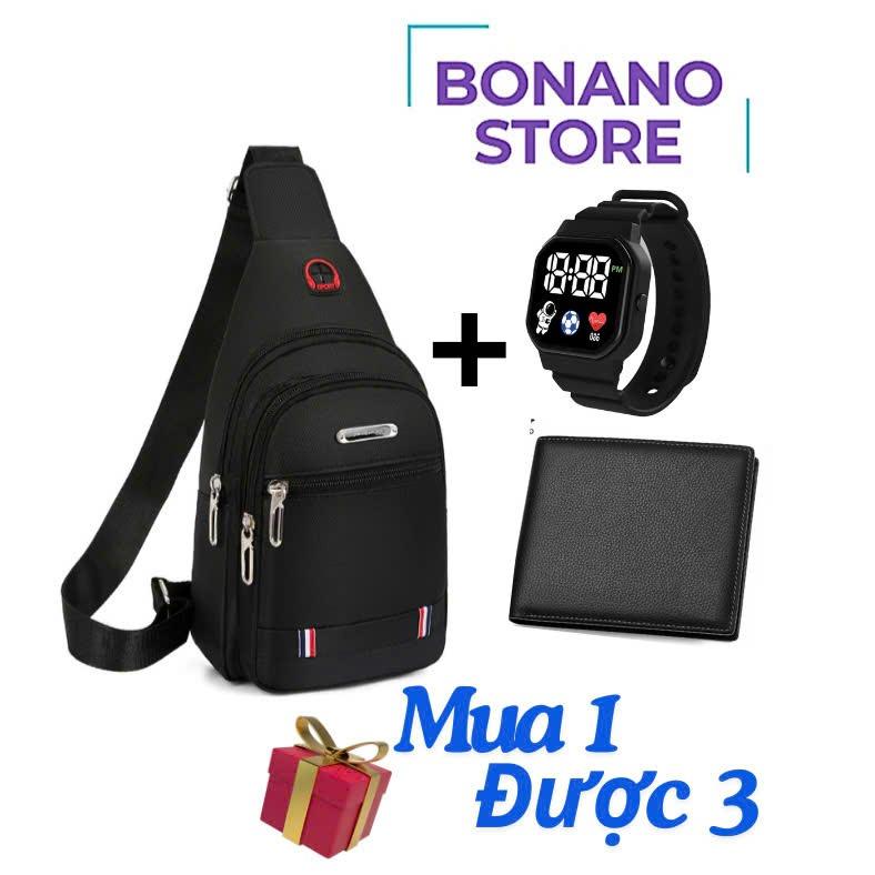 COMBO bộ 3 món: Túi đeo chéo vải canvas nhiều ngăn có lỗ sạc, tai nghe+ VÍ da ngang gập đôi+ Đồng Hồ LED Nam Unisex Bag