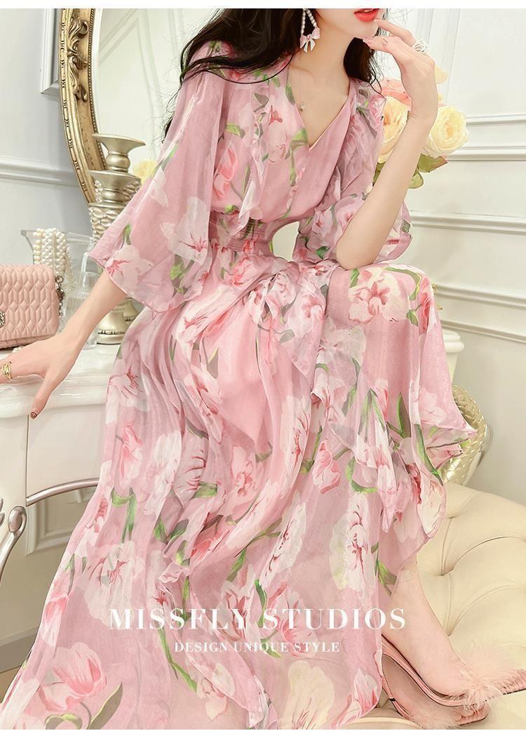 Product Introduction of Váy Voan, Shi Tong Tùy Chỉnh, Ngọt Ngào Và Thanh Lịch, Bộ Sưu Tập Mùa Xuân Và Mùa Hè 2022, Hàng Mới Về, Dành Cho Nữ, In Hình, Cổ Chữ V, Váy Dài Trung Bình Có Khóa Women Dress Màu Hồng 17