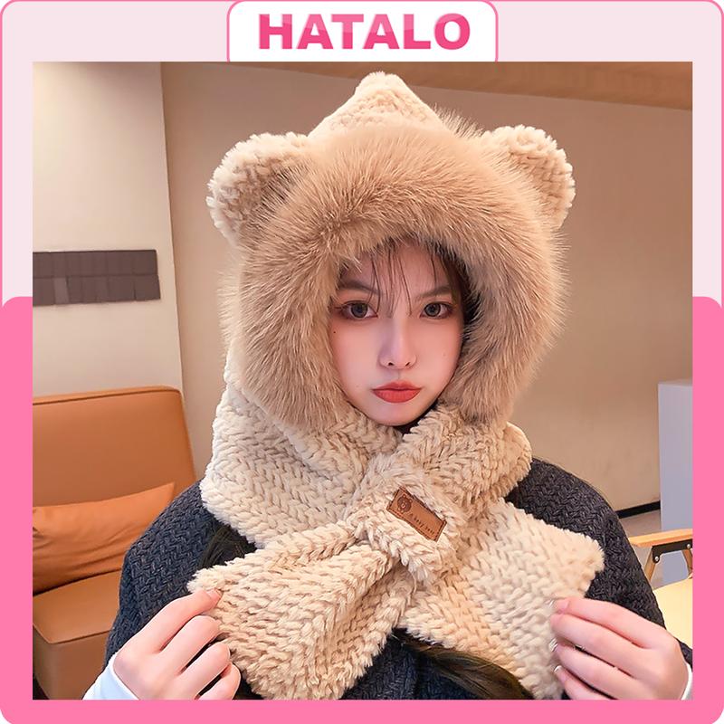 Mũ len nữ tai gấu cute thời trang hàn quốc trùm đầu mùa đông Nón len beanie liền khăn dễ thương sang chảnh