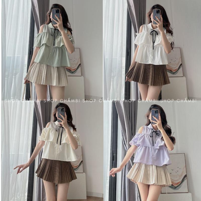 [TẶNG KÈM NƠ] Áo sơ mi nữ A.607, Áo sơ mi cổ sen hở vai tay ngắn 2 tầng phối nơ cổ và vai cách điệu - Shop Chấm Bi