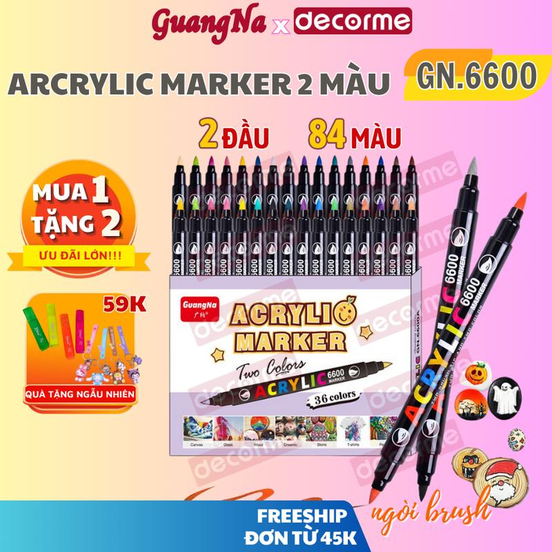 Màu Acrylic Markers GuangNa 6600 Decorme 2 Đầu Brush Màu Vẽ Tranh Bút Viết Calligraphy Tô Màu Số Hóa, Tô Vẽ Mọi Chất Liệu
