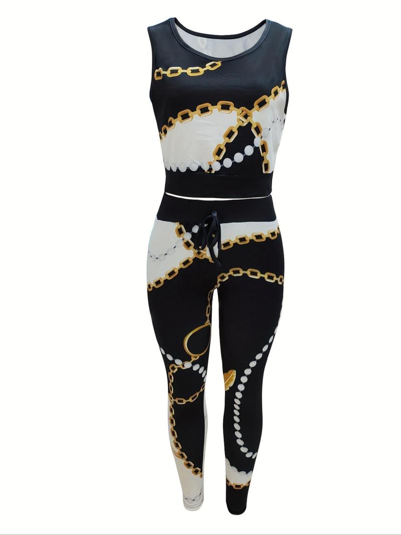Product Introduction of Women's Chain Print Tank Top & Tie Front Pants & Longline Coat Set, Casual Fashion Cozy Three-piece Outfits for Daily Outdoor Wear, Women Clothes for Fall & Winter 8