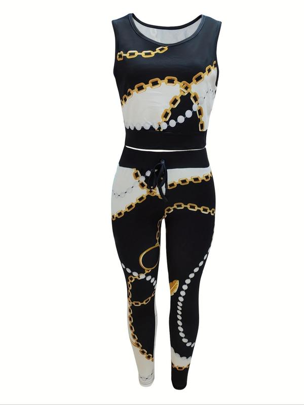 Women's Chain Print Tank Top & Tie Front Pants & Longline Coat Set, Casual Fashion Cozy Three-piece Outfits for Daily Outdoor Wear, Women Clothes for Fall & Winter 1