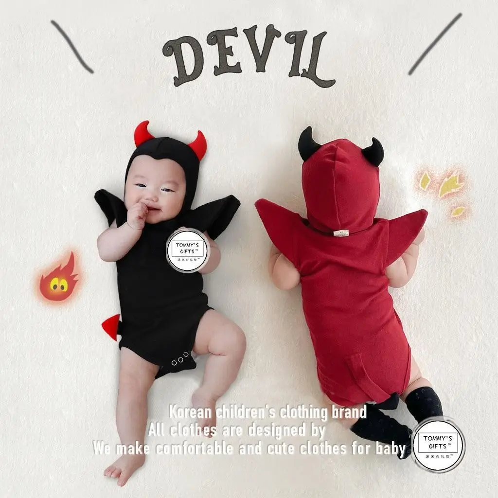 Halloween Costumes Newborn Baby Boys and Girls Devil Design Flying-sleeve Romper Bodysuit +Hat Set