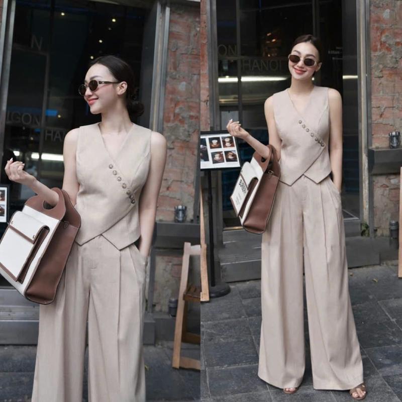 Set bộ GILE nút xéo nữ đi chơi sang chảnh - Set áo GILE dài quần ống suông rộng cá tính -Bộ đồ thời thượng sành Điệu 1