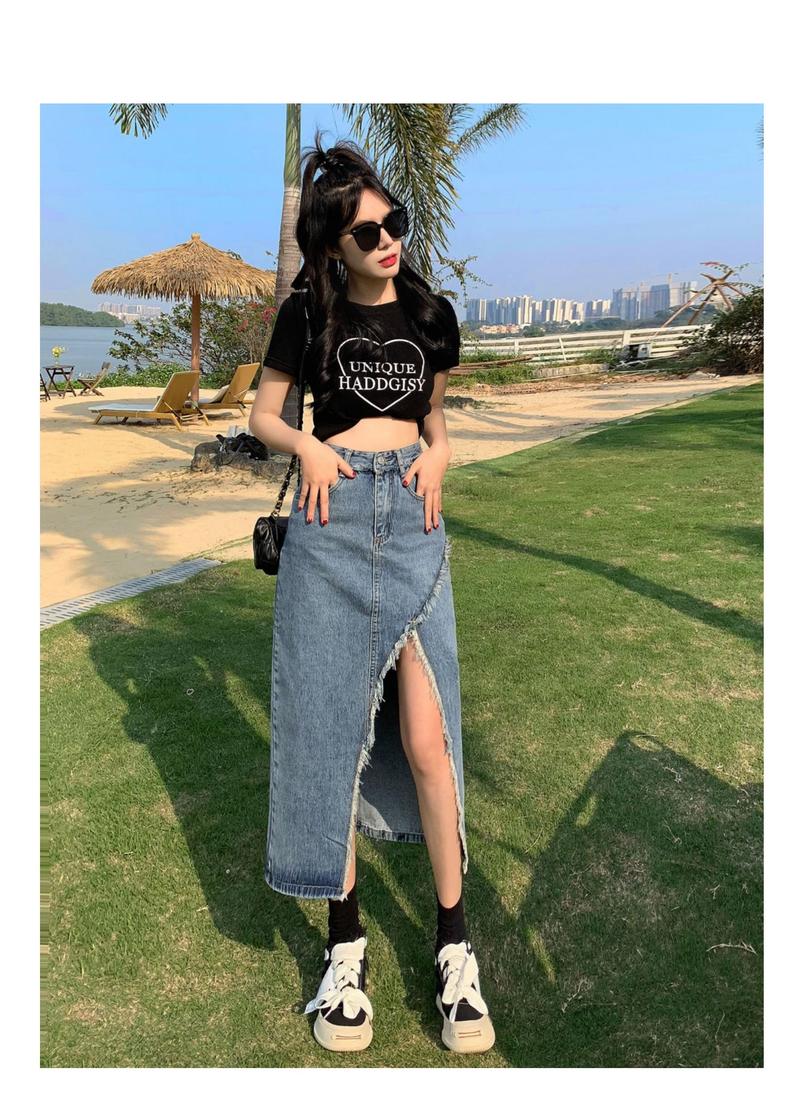 Product Introduction of Tassel denim mid-length spring and autumn 2023 new style raw edge high waist slimming fashionable all-match trendy long skirt 19