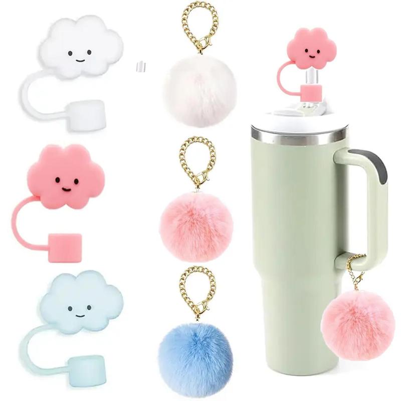 Product Introduction of Drinkware Accessories, 6pcs/set Cartoon Pattern Straw Cover, Including 3pcs Dustproof Straw Cover & 3pcs Pom-pom Pendant 0