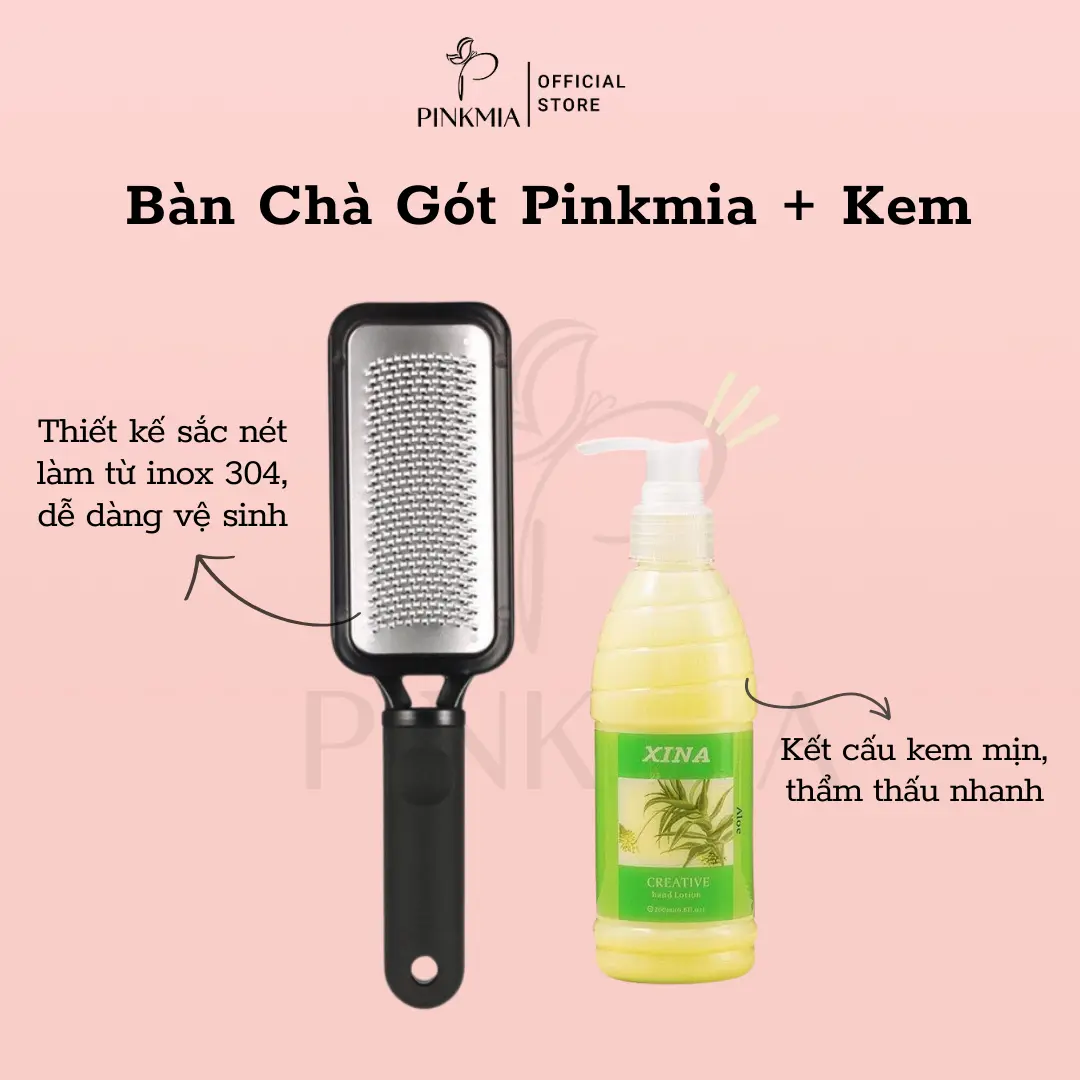 Bàn Chà Gót Chân Pinkmia Inox 304, Combo Cây Chà Gót Chân + Kem Mềm Gót Dành Cho Vùng Da Chai Sần