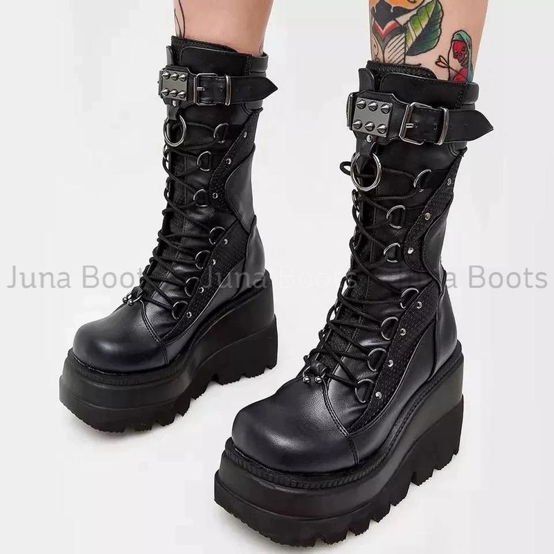 Giày bốt bánh mì phong cách Gothic y2k thời trang - Boots đế xuồng tán đinh phối lưới ngầu