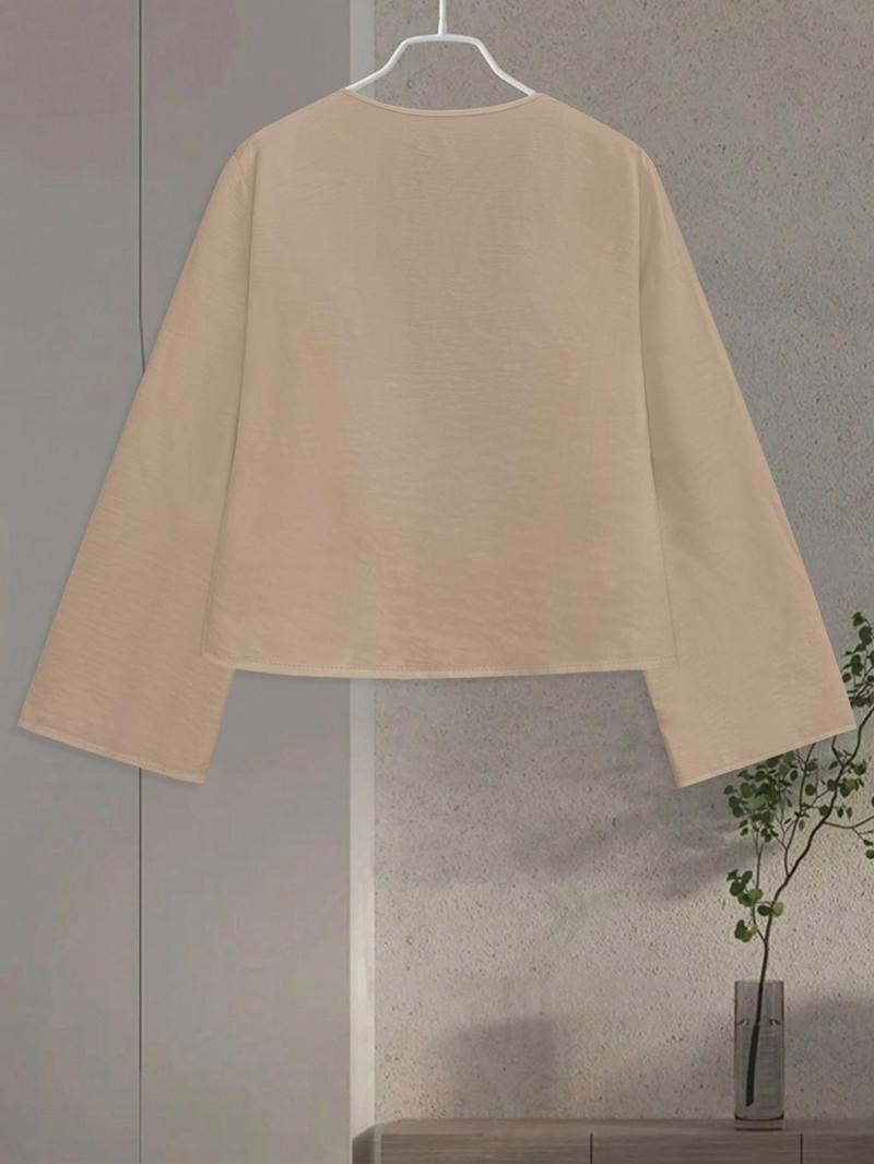 Product Introduction of Women's Plain Tie Front V Neck Blouse, Casual Long Sleeve Top for Spring & Fall, Women's Clothing for Daily Wear, Workwear, January Workwear 13