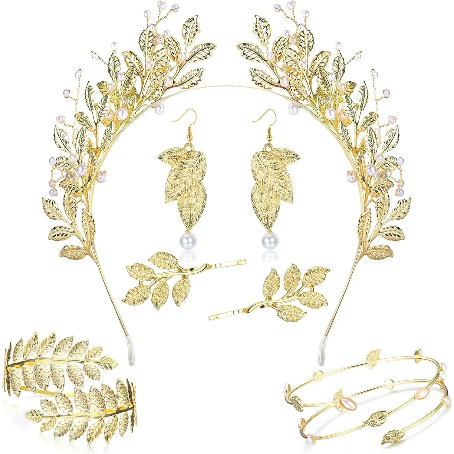 DIAMDAY 7Pcs Greek Goddess Costume for Women Greek Goddess Accessories Golden Leaves Crown Headband Upper Arm Cuff Leaf Earring Hair Pins Headpiece Egyptian Toga Goddess Costume Jewellery