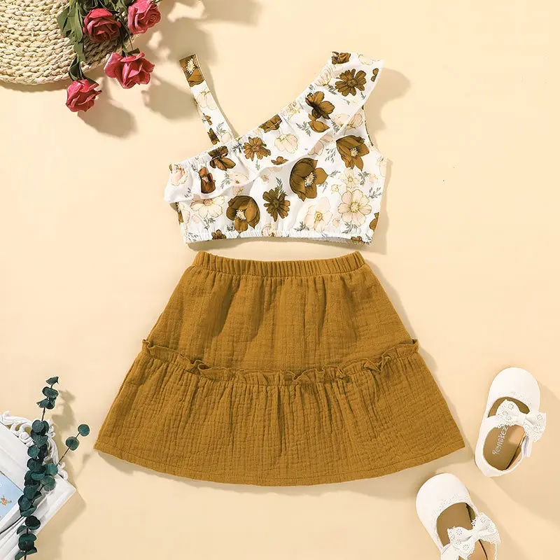 2Pcs/Set Ootd For Baby Girl Princess Dress 1-6 Years old Birthday Floral One-Shoulder Sleeveless Suspender Croptop Skirt Set Korean Style INS Kids Casual Dresses