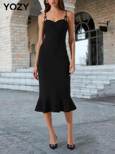 YOZY Women's Plain Bow Decor Frill Trim Cami Dress, Casual Adjustable Strap Sleeveless Dress for Party Holiday Wedding Guest, Ladies Summer Clothes